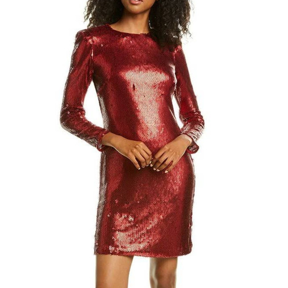 Monique Lhuillier NWT Long Sleeve Red Open Back Sequin Cocktail Mini Dress 6 - Picture 6 of 16